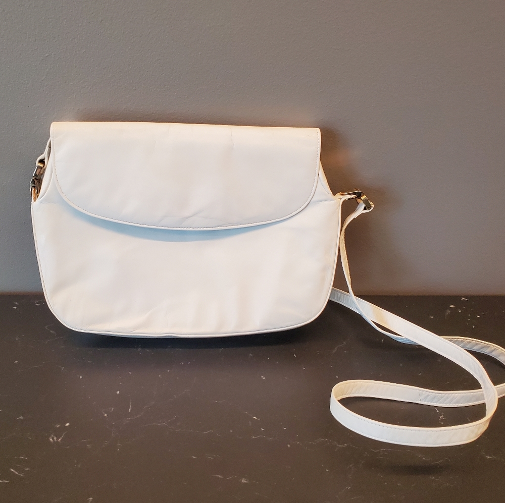 Vintage Charles Jourdan White Leather Crossbody Bag. Made in France.